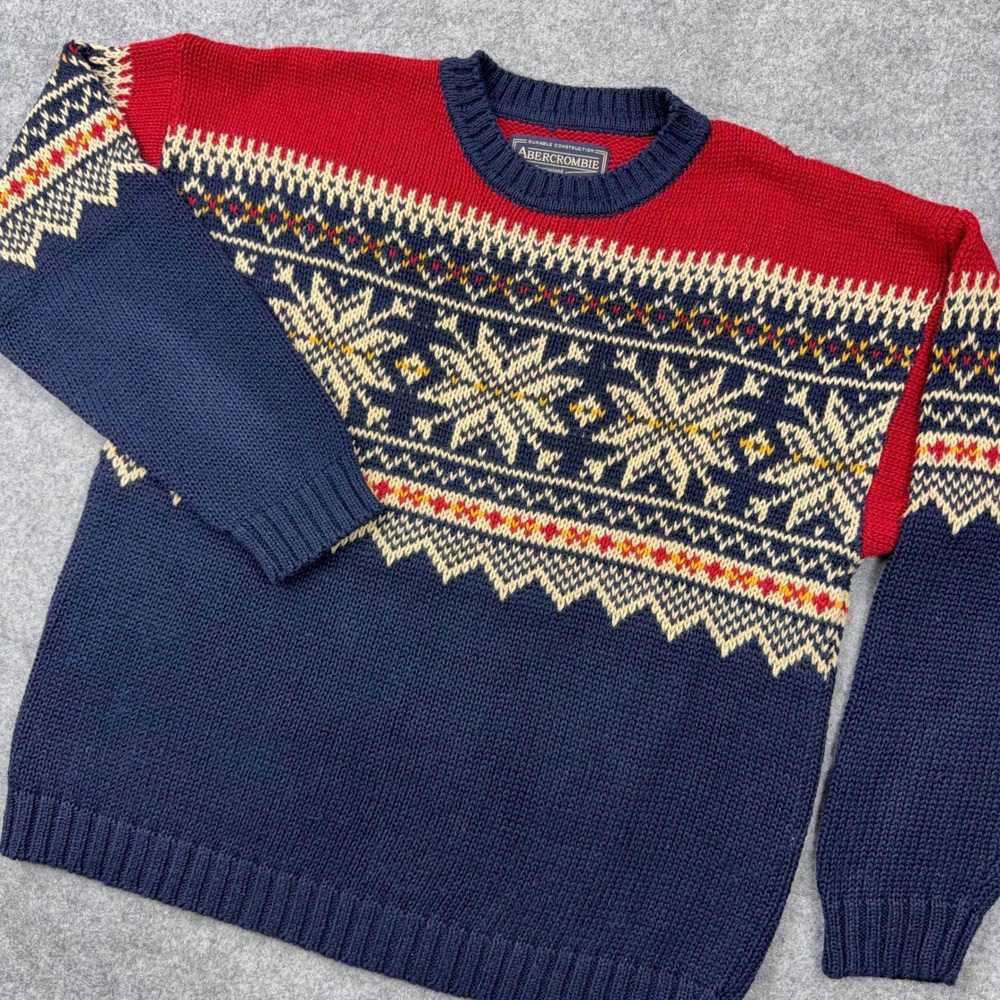 VTG Abercrombie & Fitch Sweater Men XL Blue Red Snowflake Fair Isle Knit 90s Y2K